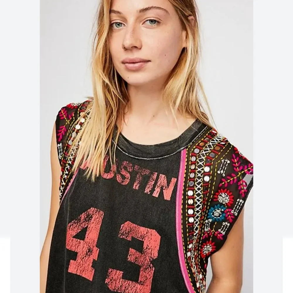 Free People Black Tank Top with Red Accents and Multicolor Embellished Shoulders - Picture 7 of 7